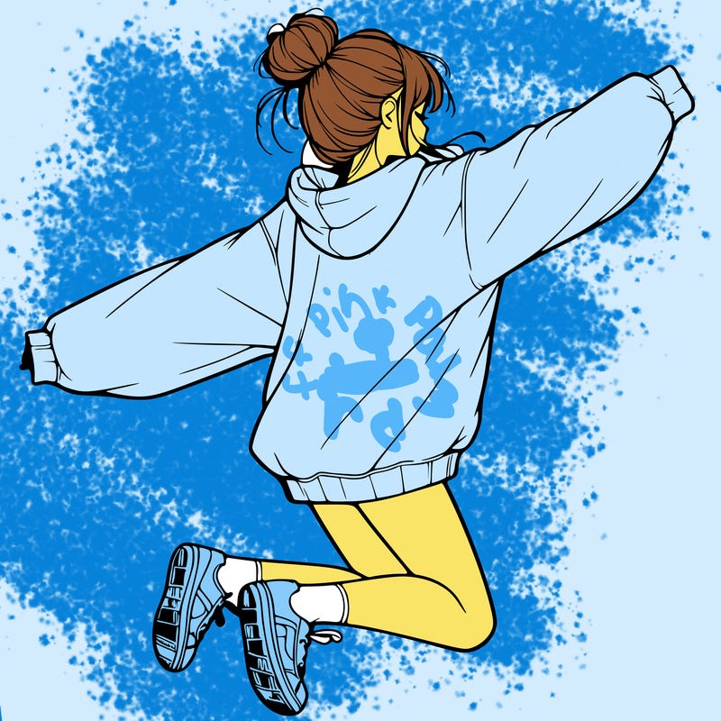realistic girl jumping with a bun and oversized sweatshirt