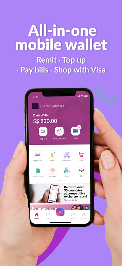 Singtel Dash - Person holding a smartphone displaying the Singtel Dash all-in-one mobile wallet app interface with options for remittance and bill payments