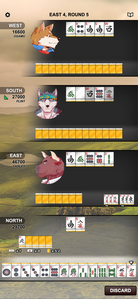 Gameplay screen of Kemono Mahjong showing anthropomorphic animal characters and Japanese Riichi Mahjong tiles