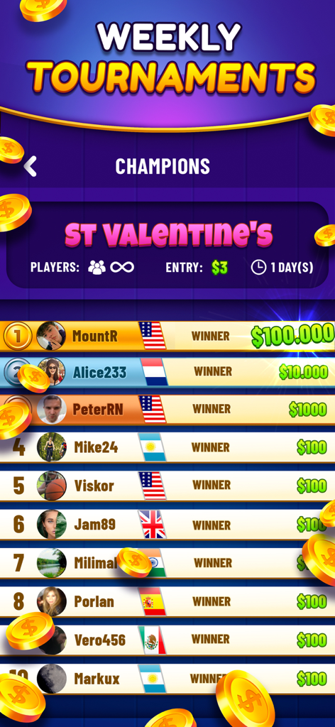 Weekly tournament leaderboard in Solitaire Real Cash showing winners and cash prizes.