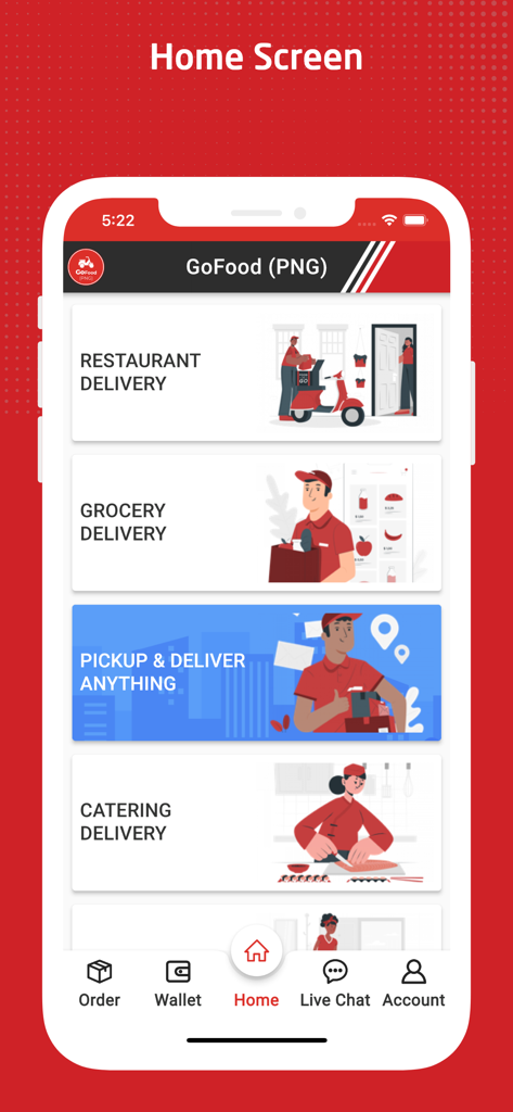 GoFood (PNG) Customer - GoFood PNGホーム画面。レストラン、食料品、ケータリングの配達カテゴリが表示されています