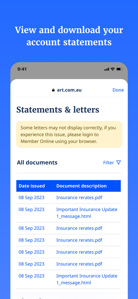 Australian Retirement Trust - Australian Retirement Trust app screen showing a list of account statements and insurance letters available for download.