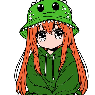 girl with anime shaped eyes with a dinosaur bucket hat oversized sweatshirt long straight hair