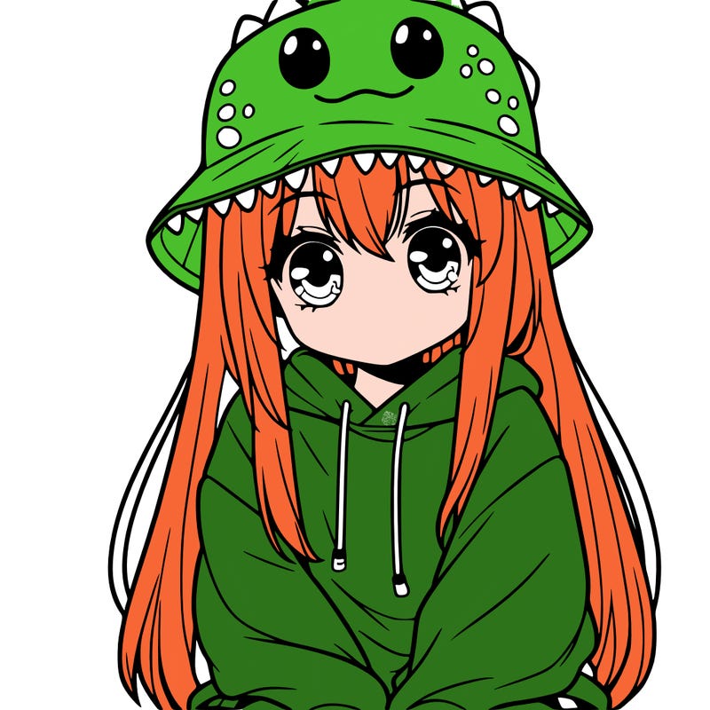 girl with anime shaped eyes with a dinosaur bucket hat oversized sweatshirt long straight hair