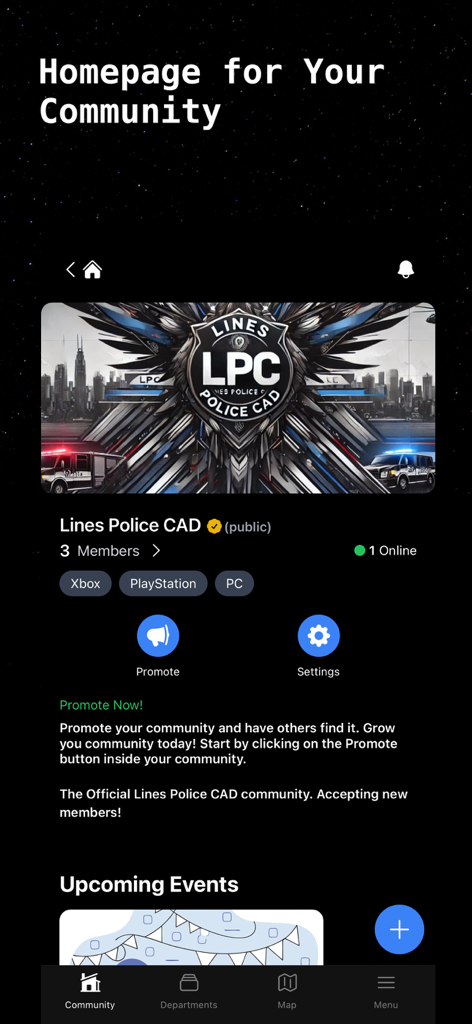 LPC-APP - Lines Police CAD app community homepage interface with roleplay group details and promotion options