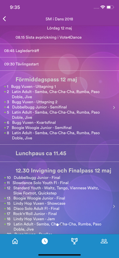 Vote4Dance mobile app interface showing a detailed dance competition schedule