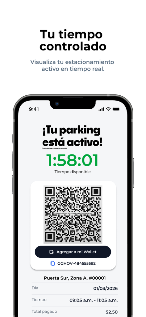 Parkea PTY - Parkea PTY mobile app interface showing an active parking timer and QR code receipt.