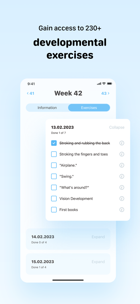 Bildschirm der Sprouty-App mit einer Checkliste für tägliche Entwicklungsübungen für ein 42 Wochen altes Baby