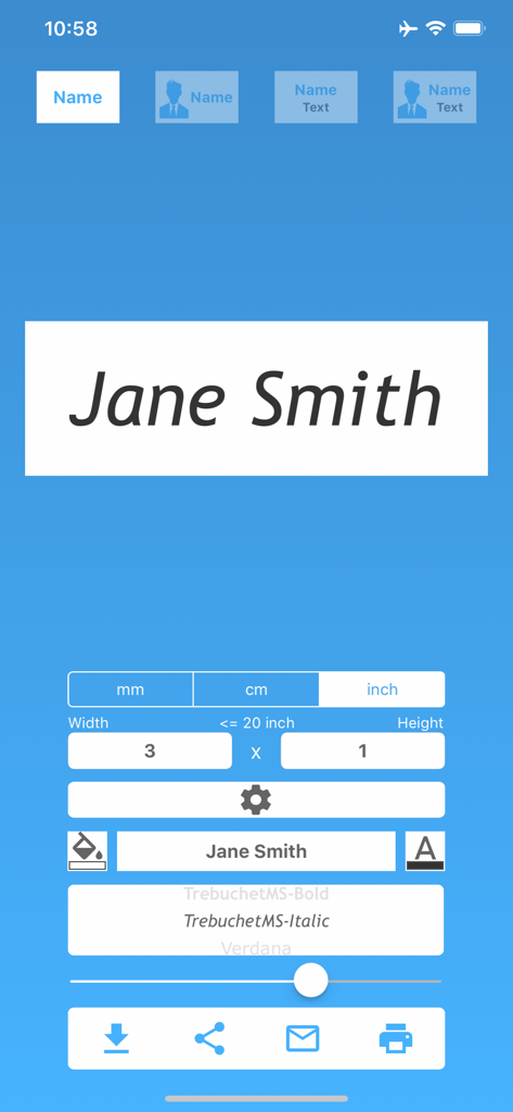 A screenshot of the Name Badge app showing the editing interface for a custom name tag with dimensions in inches