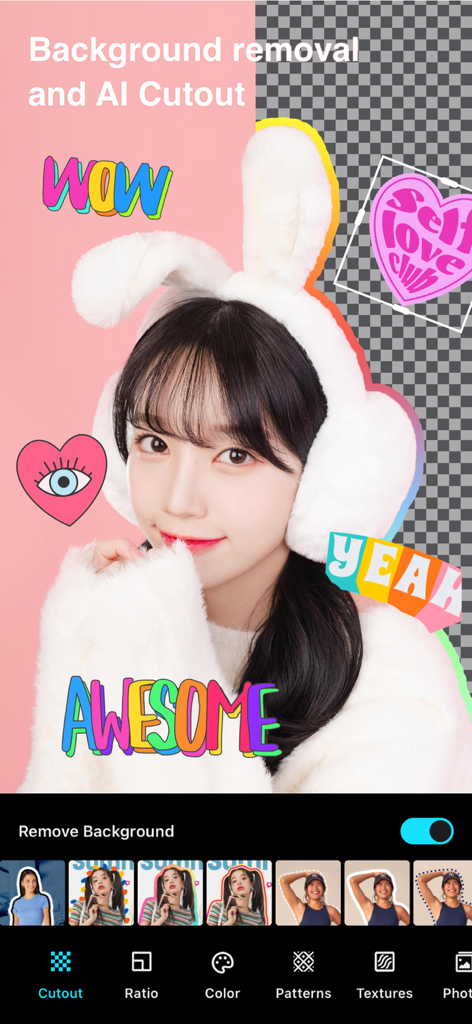 Fine Photo Editor 앱 인터페이스는 배경 제거 및 AI 잘라내기 기능을 창의적인 스티커와 함께 보여줍니다.