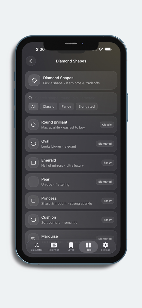 Una lista de formas de diamante con sus descripciones y categorías en la aplicación Calcular Precio Diamante