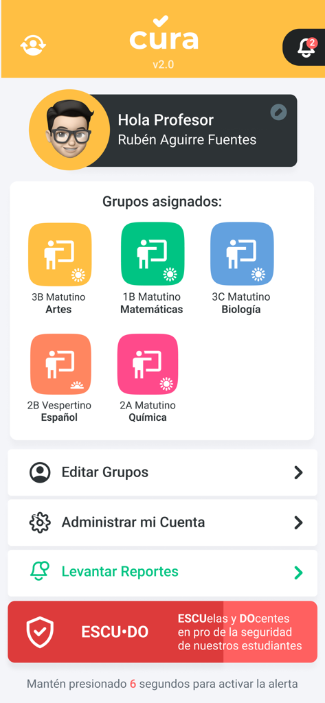 Panel de control del profesor en la aplicación Cura que muestra las clases asignadas y los grupos académicos.
