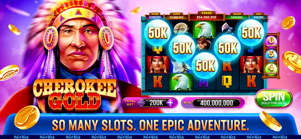 Cherokee Gold slot machine gameplay in the Hard Rock Jackpot Planet mobile app featuring a Native American theme and large jackpots.