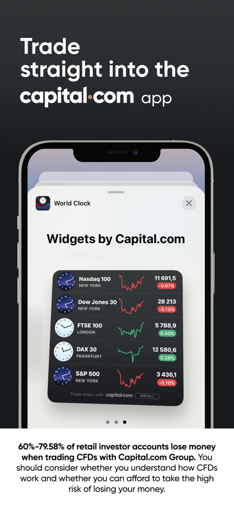 World clock widget Capital.com - Una pantalla de smartphone que muestra el widget de reloj mundial de Capital.com con índices bursátiles globales y precios en tiempo real