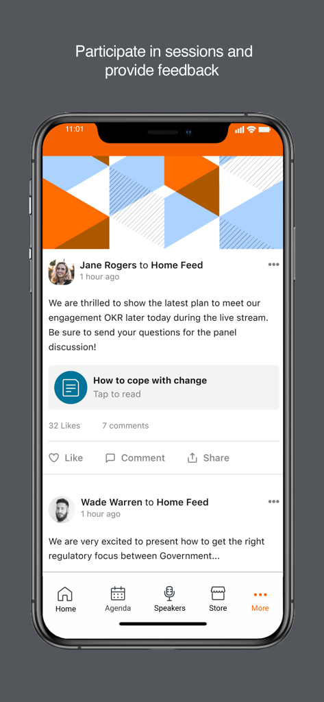 Screenshot of the Elsevier Events app showing a social home feed for event participants to interact and share updates