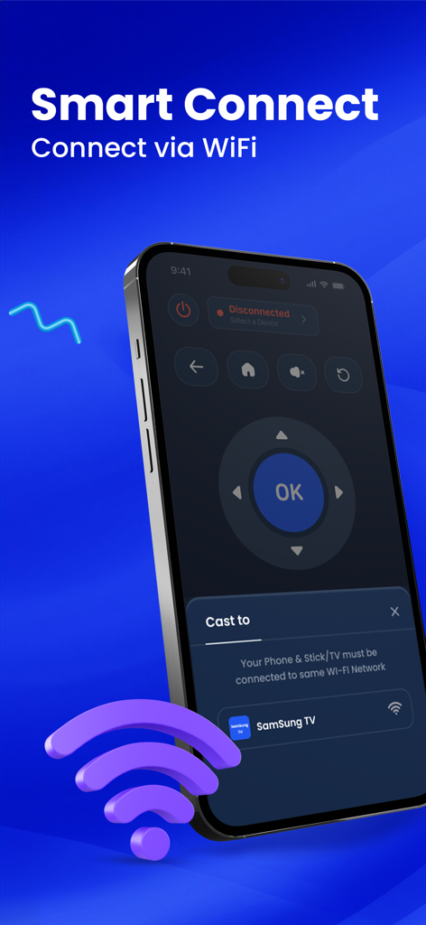 SamMate: Remote for Samsung TV - Interfaz de la aplicación SamMate mostrando la función de conexión inteligente a través de wifi para TV Samsung