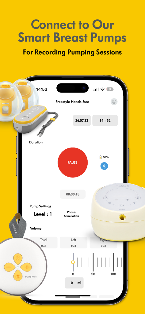 Medela Family - Breast Feeding - Medela Family app interface connecting to smart breast pumps for tracking pumping sessions duration and milk volume