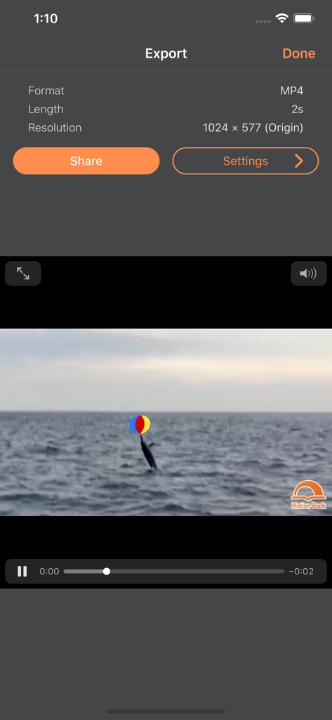 MotionBook - Draw & Animate - The export screen of the MotionBook app showing video format settings and a preview of a dolphin animation.