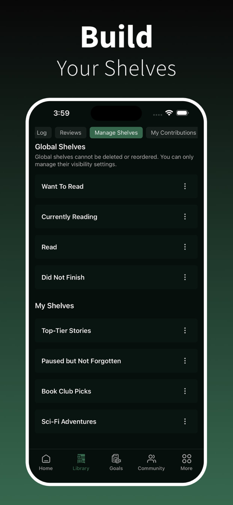 BookPine: Book Tracker Journal - Interface of the BookPine app showing global and custom bookshelves for organizing a digital library.