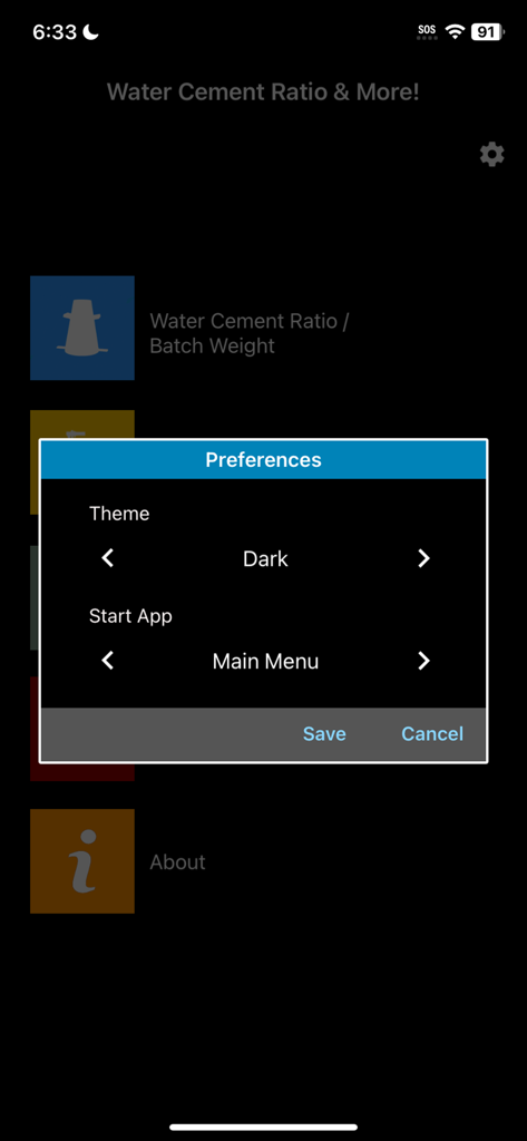 Water Cement Ratio And More - Water Cement Ratio And More app preferences screen showing theme and start up settings