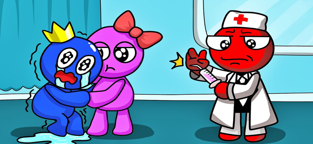 Rainbow Friends Obby : Roblox - Escena de dibujos animados del juego que muestra a un personaje azul llorando mientras un personaje rojo vestido de dentista sostiene una jeringa.