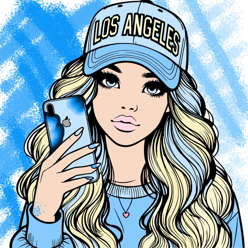 realistic beautiful girl wearing los ángeles cap holding an iphone