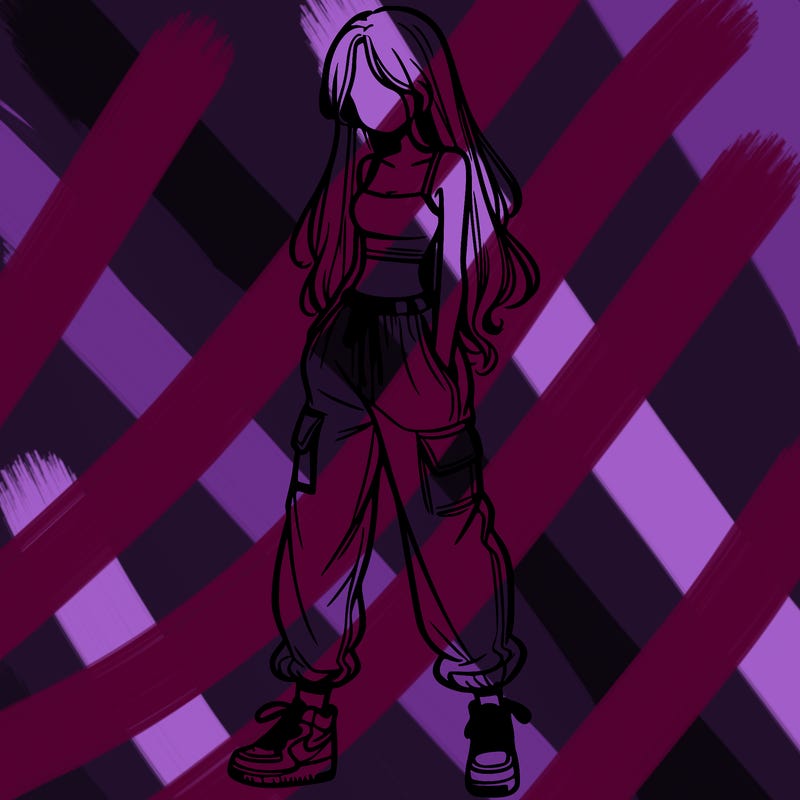 girl in baggy pants crop top and long hair