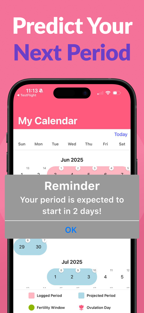 Period Tracker ` - Una interfaz de calendario de ciclos de la aplicación Period Tracker que muestra un calendario de ciclos con una notificación de próximo inicio del período