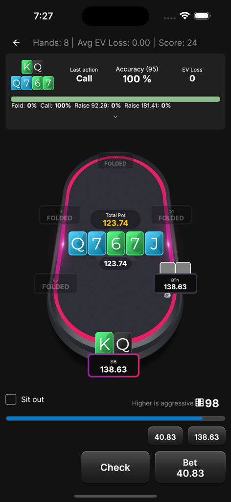 Lucid Poker Trainer app interface showing GTO strategy analysis and hand statistics