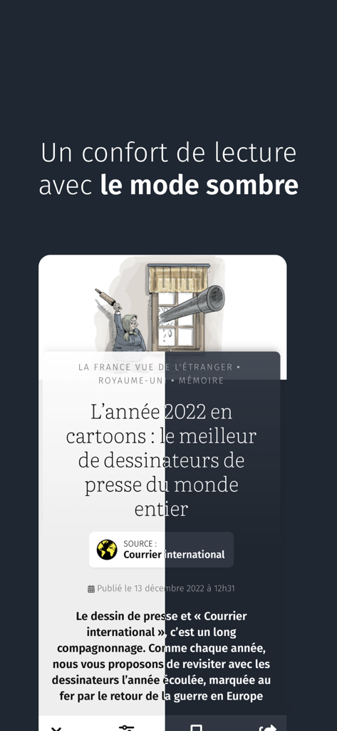 Courrier international - A split screen showing the Courrier International app in both light and dark mode for reading an article