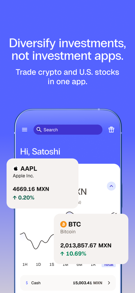 Bitso: Save and invest easily - Interface do aplicativo móvel Bitso exibindo gráficos de preços de ações da Apple e Bitcoin em pesos mexicanos