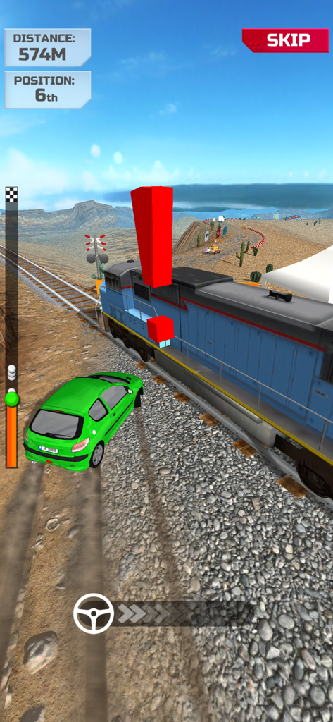 Overtake Race Masters - A green racing car performing a near miss maneuver past a moving train in Overtake Race Masters