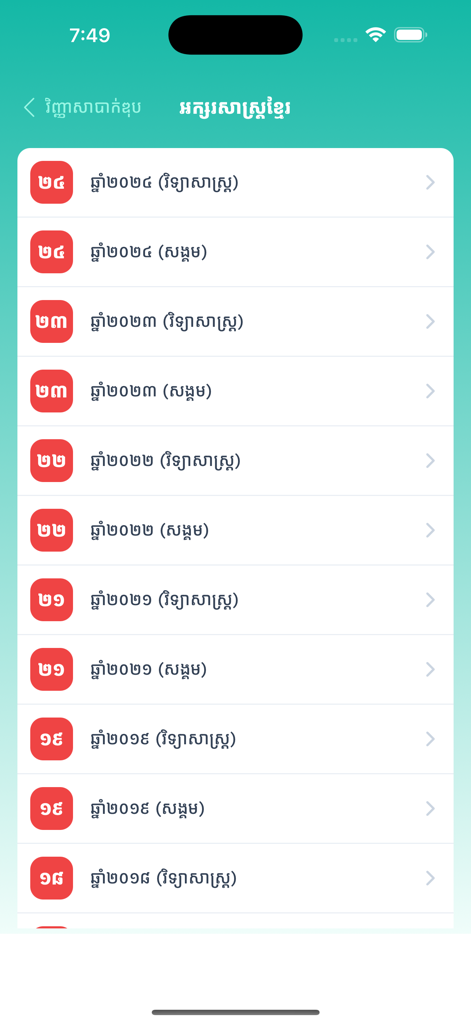 Khmer Bac II - List of previous Bac II exam papers organized by year and subject in the Khmer Bac II app.