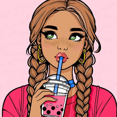 realistic girl with braided hair drinking boba