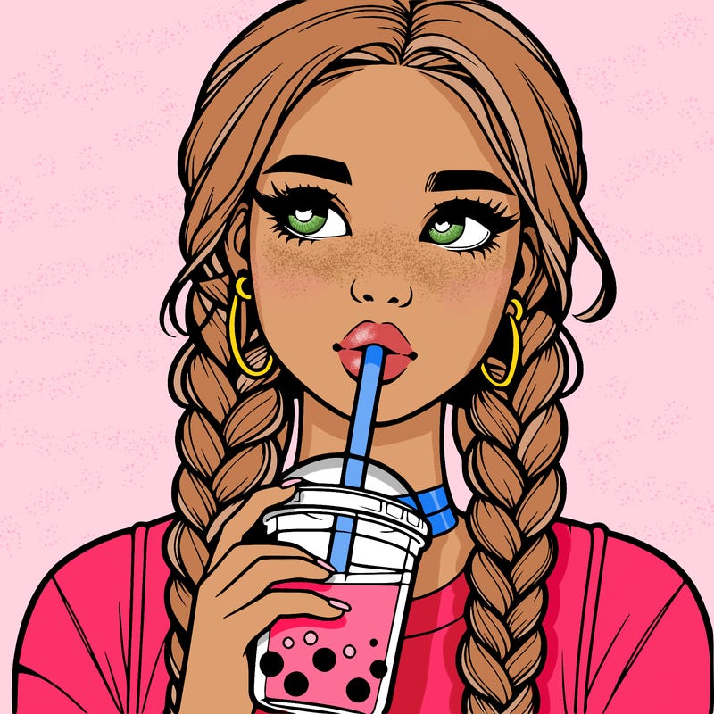 realistic girl with braided hair drinking boba