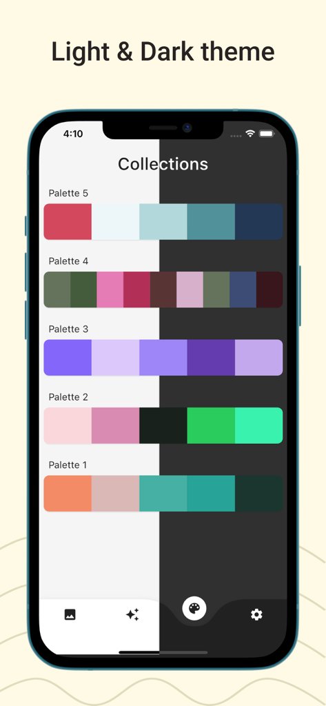 Color Pickerアプリのインターフェイスに、保存されたカラーパレットのライトモードとダークモードのサイドバイサイド比較が表示されています。