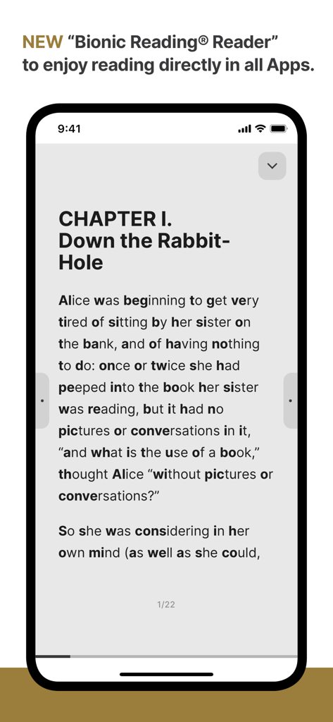 Bionic Reading® - Bionic Reading app interface on a smartphone showing text with bolded letters for faster reading