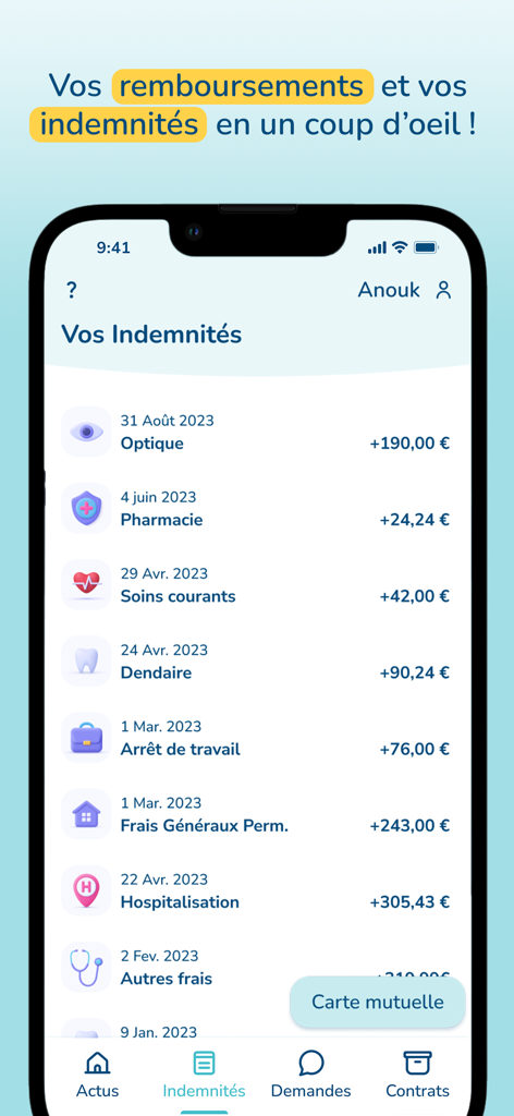 Vue du tableau de bord de l'application Welfaire affichant les remboursements de santé et de protection du revenu