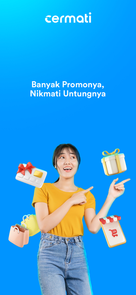 Cermati - Cek SLIK & Asuransi - A woman pointing at shopping and financial reward icons in the Cermati app against a blue background