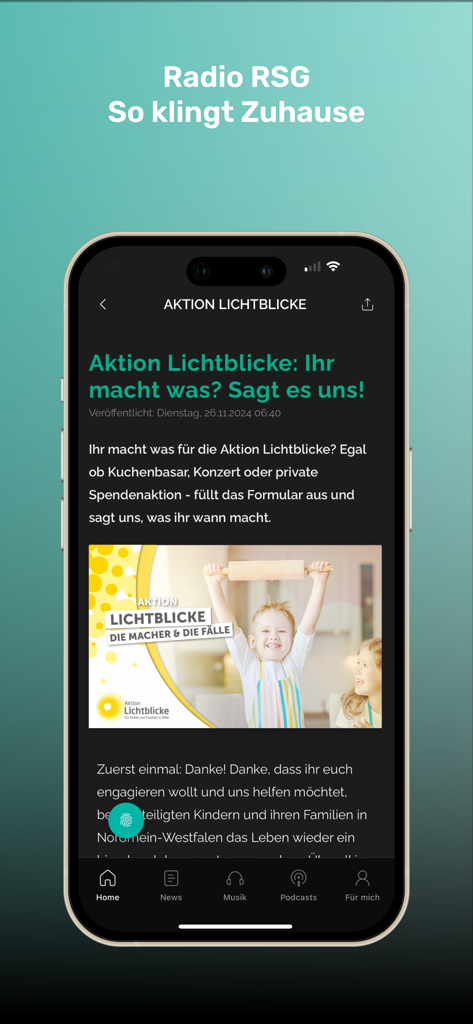Radio RSG - Radio RSG mobile app news screen displaying a local charity campaign article