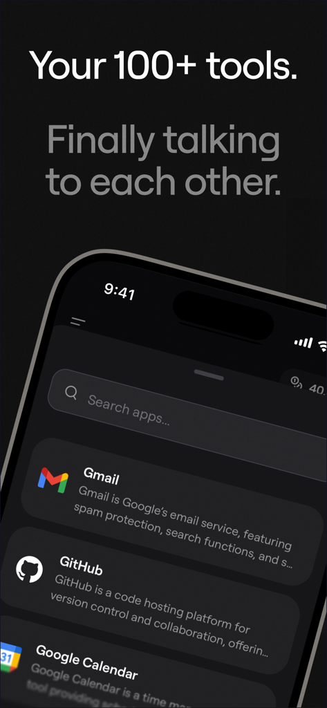 Kortix - Kortix Mobile App-Oberfläche, die eine Liste von integrierten Tools wie Gmail, GitHub und Google Kalender anzeigt