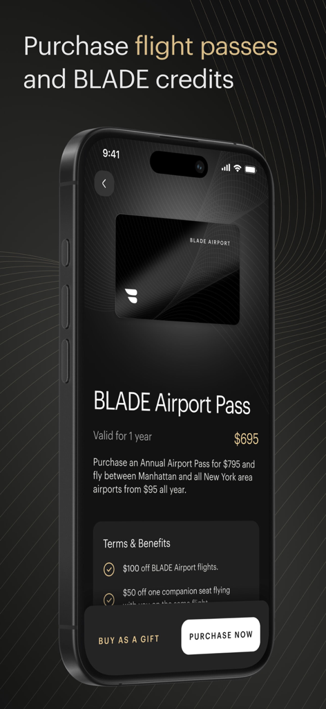 Una pantalla de aplicación móvil que muestra la página de compra del Pase de Aeropuerto BLADE con los beneficios de membresía anual.