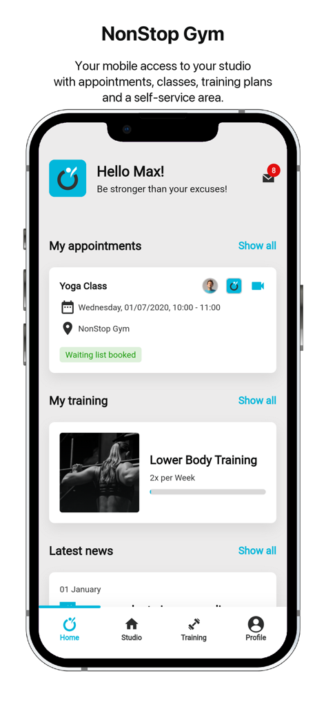 NonStop Gym - Schermata principale personalizzata dell'app NonStop Gym che mostra i prossimi appuntamenti e i progressi dell'allenamento.