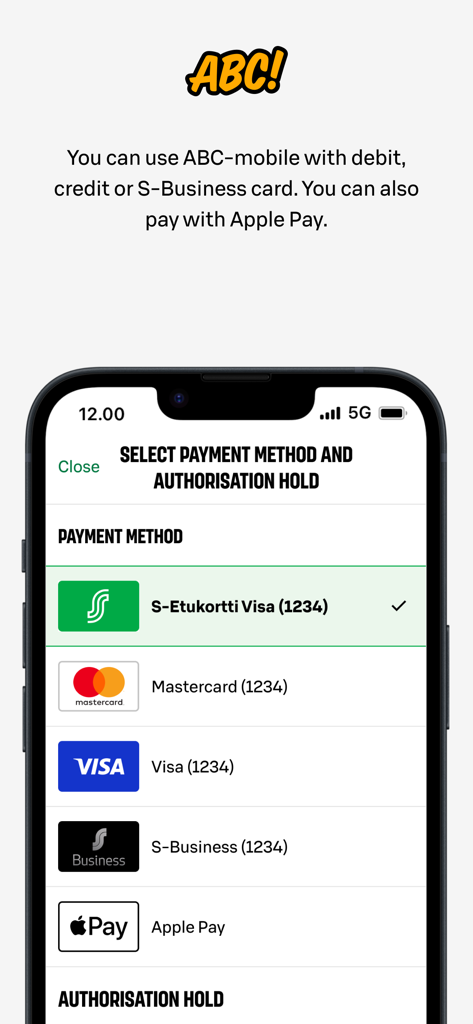 Interface of the ABC-mobile app showing various payment methods like Visa, Mastercard, and Apple Pay.