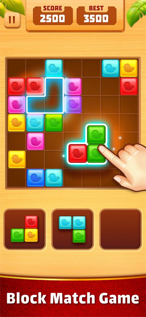 Match Tiles: Block Puzzle Game - Une main plaçant des tuiles d'oiseaux colorées sur un plateau de puzzle dans le jeu Match Tiles