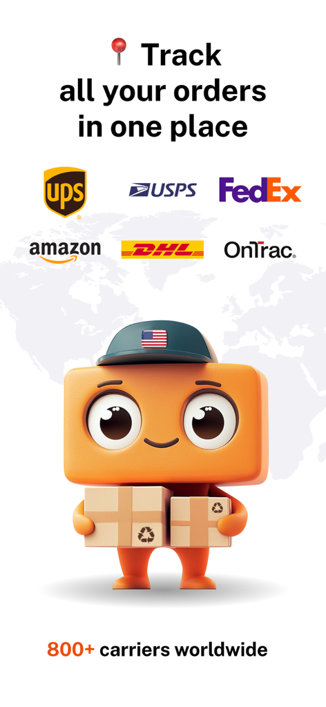 Package Tracker － Packy - Packy app promotional image showing logos of major delivery carriers like UPS and FedEx with a character holding packages