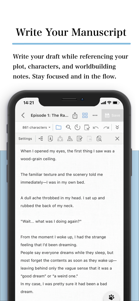 Nola: Story Planner & Writing - ストーリードラフトを持つNolaアプリの原稿エディターを示すスマートフォン