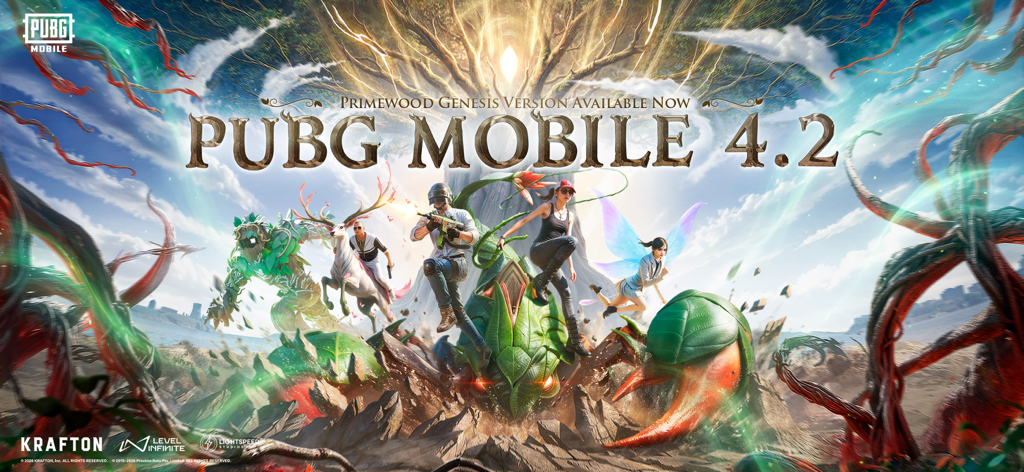PUBG MOBILE - PUBG MOBILE 4.2 Primewood Genesis Version Update Banner mit Charakteren und mystischen Kreaturen.