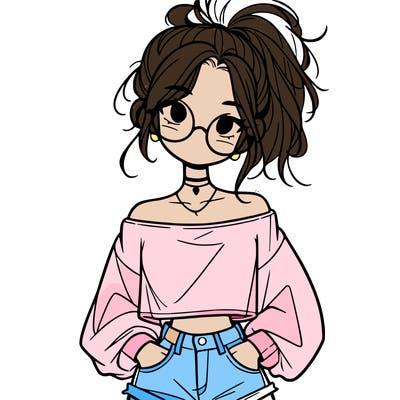 girl with a messy ponytail glasses a baggy crop top and jean shorts
