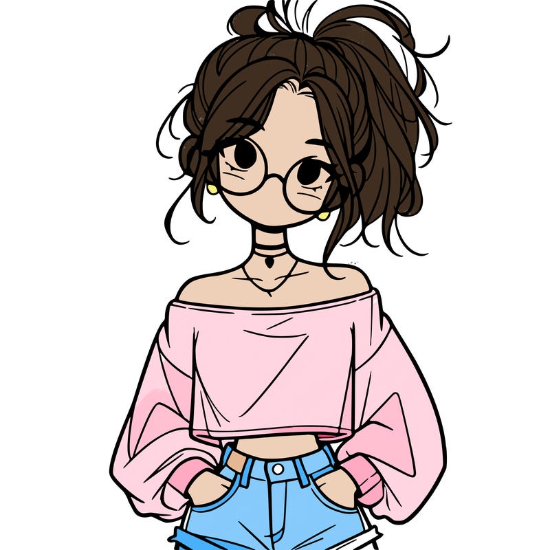 girl with a messy ponytail glasses a baggy crop top and jean shorts
